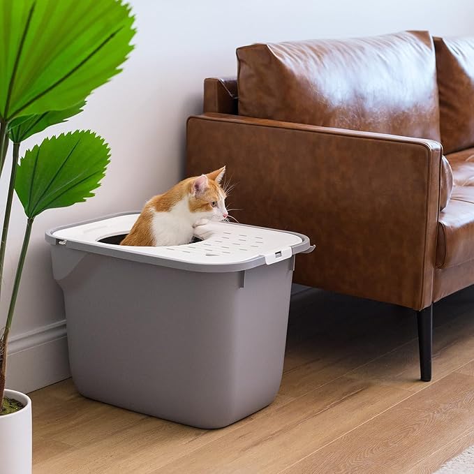 IRIS USA Cat Litter Box, Large Cat Box Enclosure, Top Entry with Litter Catching Lid, Enclosed with Scoop, Gray/White