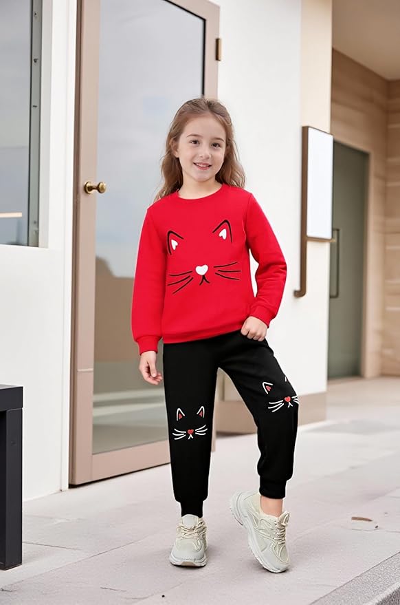 4-8T Toddler Girl Clothes Cat face print Short Sleeve Top+Pants Outfits Girl Spring and summer 2-Piece Set