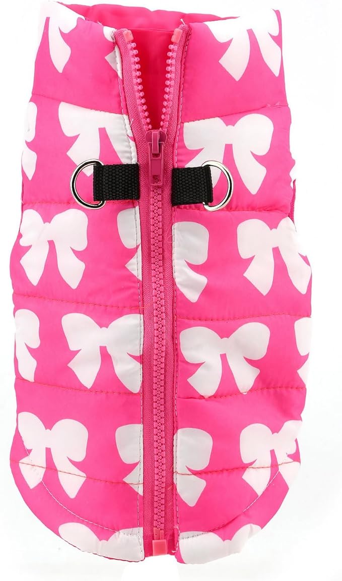 SMALLLEE_LUCKY_STORE Pet Water Resistant Winter Jacket Vest with D-Ring for Small Dog Cat Zip-up Padded Puppy Coat Chihuahua Yorkie Kitten Warm Clothes, Hot-Pink, S