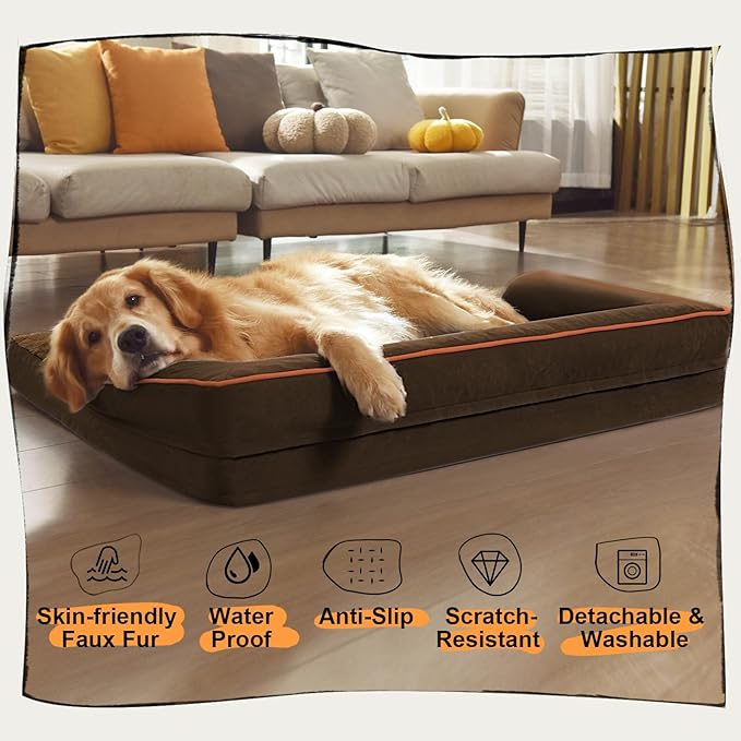 Extra Large Dog Bed-Orthopedic Waterproof XL Dog Bed for XLarge Extra Big Dogs - Foam Couch Sofa Washable with Removable Cover-Coffee