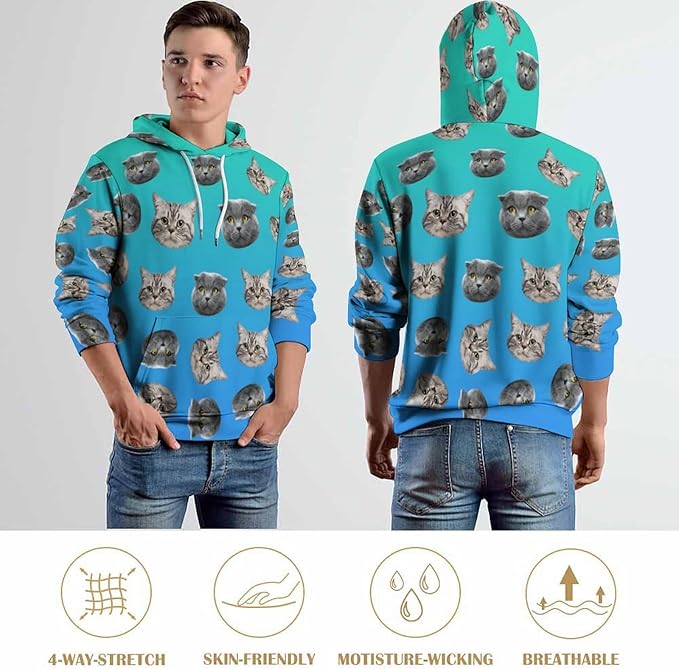 Artsadd Custom Face Unisex athletic Pockets Sweatshirt Loose Hoodie Custom Christmas Long Sleeve Sweatshirt Hooded Pullover