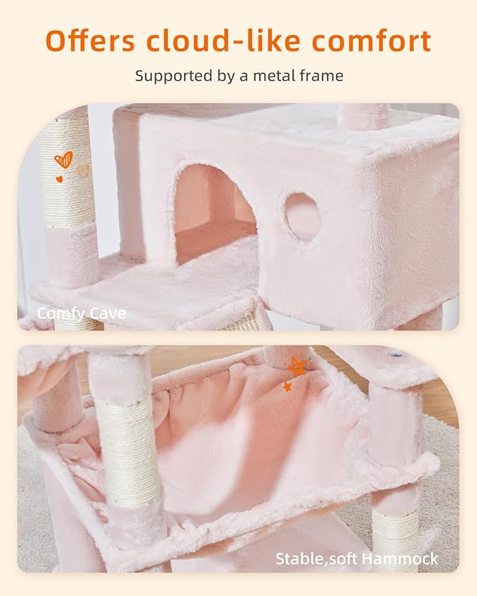 Taoqimiao Cat Tree 57.5-Inch, Cat Tower for Indoor Cats Large Adult, Extra Large Cat Condo, 8 Sisal Scratching Posts, Metal Frame Cozy Hammock, Durable Scratch Board, 2 Top Perches, Jelly Pink MS026P