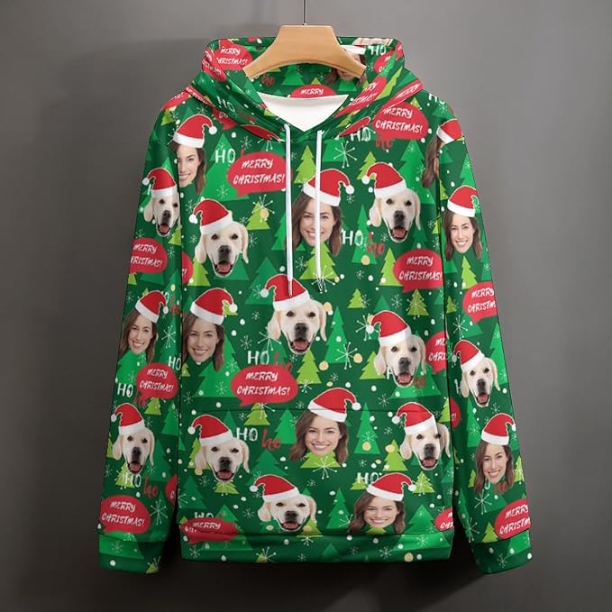 Artsadd Custom Face Unisex athletic Pockets Sweatshirt Loose Hoodie Custom Christmas Long Sleeve Sweatshirt Hooded Pullover