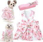 Dog Dress Bowknot Harness Leash Set for Small Girl Dogs Pink Floral Dog Cat Clothes Cute Puppy Outfits Pet Clothes Spring Summer Breathable Dresses(Samll)