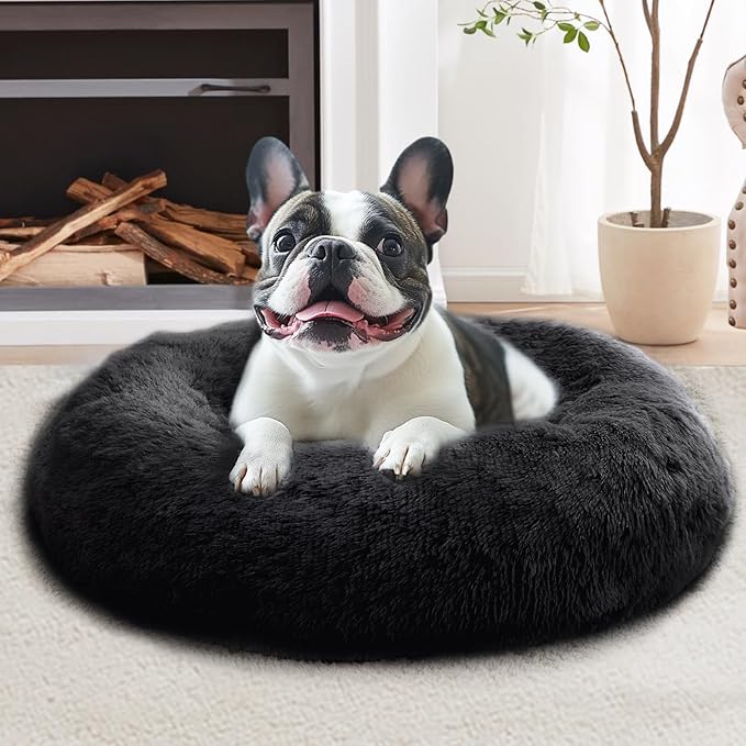 JOLLYVOGUE Calming Dog Bed Medium Size Dog, Anti-Anxiety Donut Medium Pet Bed, 31 inches Fluffy Faux Fur Round Cat Bed, Fits up to 45 lbs Pets (Black)