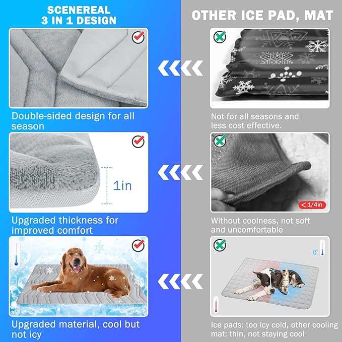 SCENEREAL Dog Cooling Mat, Reversible Self-Cooling Dog Pad (Cool & Warm), 48"x28" Thicken Ice Cool Mat for Crate Kennel Sofa Indoor Outdoor No Toxic Gel, Machine Washable