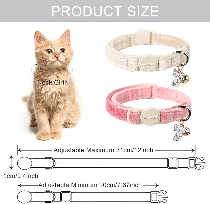 ARING PET 2 Pack Cat Collar-Cute Cotton Cat Collar with Bell & Pendant, Adjustable Pink Khaki Kitten Collars with Safety Buckle for Girl and Boy Pets