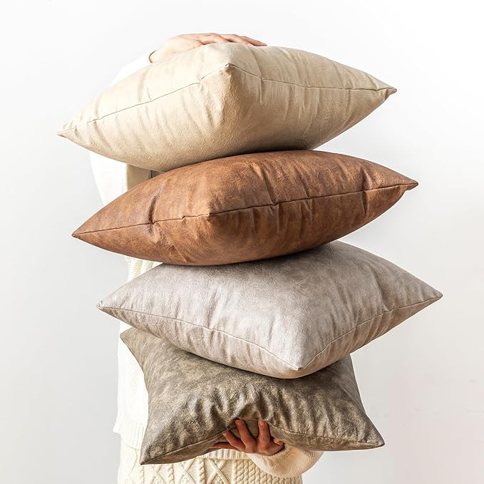 Neutral Decorative Faux Leather Pillow Covers, Pack of 2 Modern Boho Luxury Floor Cushion Cover, for Home Decor Pet Hair Resistant Abrasion Throw Pillow Covers 20x20 Inch Olive Green.