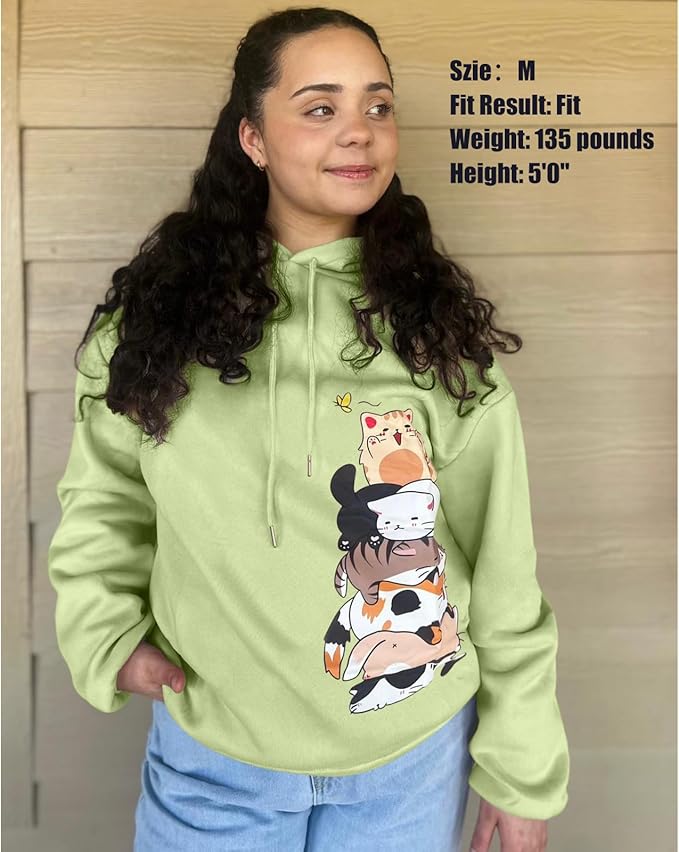 Tuislay Cute Cat Graphic Hoodies for Teen Girls Kawaii Cartoon Printed Hoodie Women Anime Print Hooded Sweatshirt Pullover