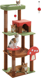 Mushroom Cat Tree Tower with Removable Scratcher, Large Hammock, Condo, Perch, 3 Sisal Posts – Multi-Level Cat Tree for Indoor Cats, Cute Cat Tower for Small Space Homes
