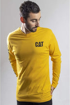 Caterpillar Trademark Banner Long Sleeve Tee Shirts for Men with Center Back Neck Wire Management Loop and Cat Workwear Logo