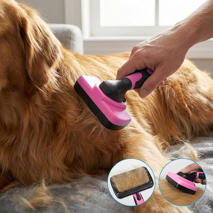 4PCS Self Cleaning Slicker Brush, Pet Grooming Rake, Bath Brush & Massage Brush for Short/Long Haired Dogs, Cats & Horses, Pet Grooming Deshedding Tools - Pet Supplies (Pink Black)