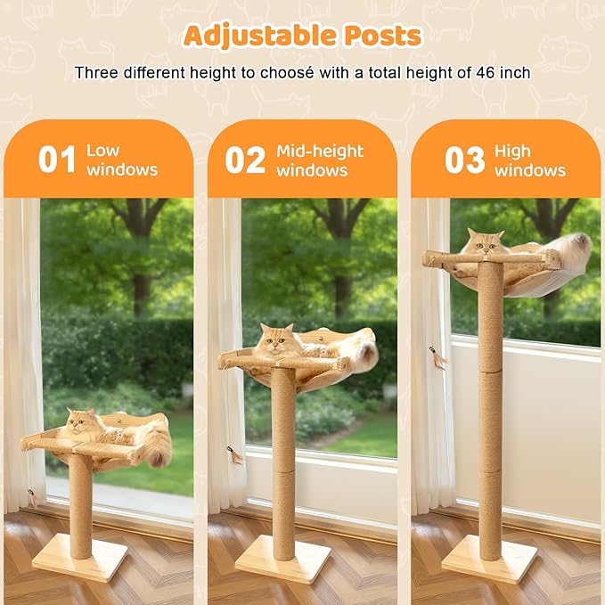 46" Cat Window Perch with 3 Adjustable Sisal Scratching Posts, Drill-Free Suction Cups, Multi-Level Climbing Perch for Bird Watching & Play, 45 lbs Capacity