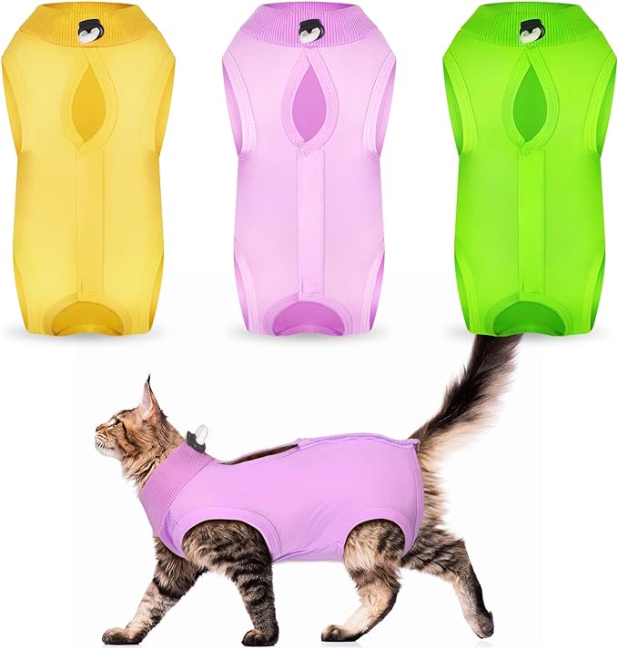 Nuanchu 3 Pieces Cat Recovery Suit Kitten Recovery Suit E-Collar Alternative for Cats and Dogs Abdominal Skin Anti Licking Pajama Clothes Sets(Medium,Simple Style,Yellow Green Pink)