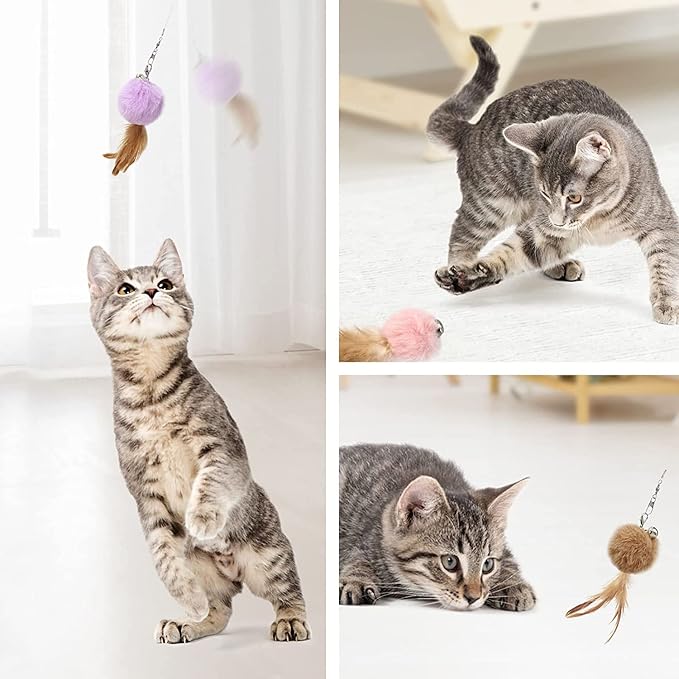 Cat Fluffy Feather Toys Replacement Cat Toy Wand Refills, 6 Pieces Fluffy Cat Toy Feathers Refill, Interactive Cat Teaser Wand Attachments, with Bell
