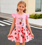 Girls Skirt Set 2 Piece Outfit Toddler Summer Clothes Ruffle Sleeve T-Shirt Bow Knot Tutu Skirt Outfit Set