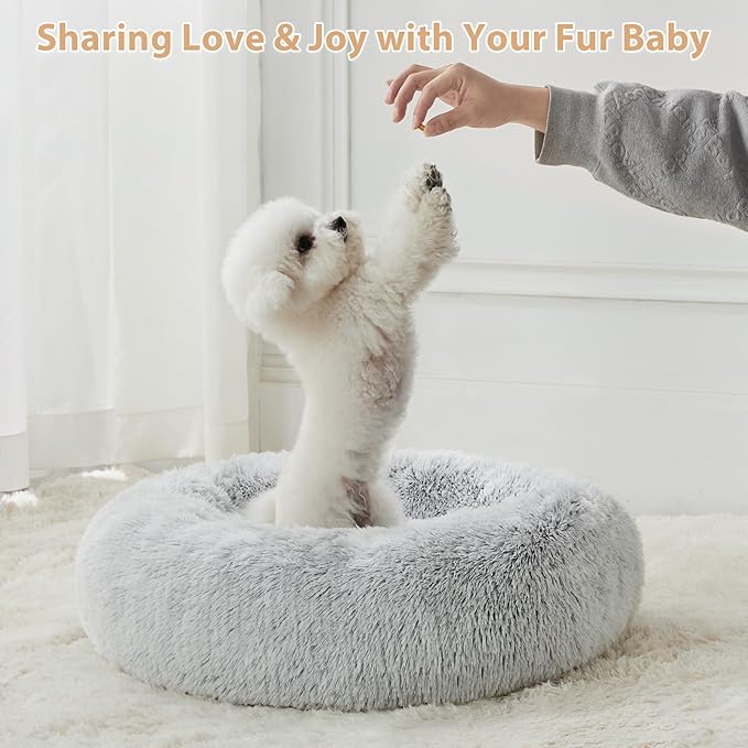 WNPETHOME Calming Dog Bed Cat Bed Donut, Faux Fur Pet Bed Self-Warming Donut Cuddler, Comfortable Round Plush Dog Beds (30 x 30 x 10 Inch, Light Grey)
