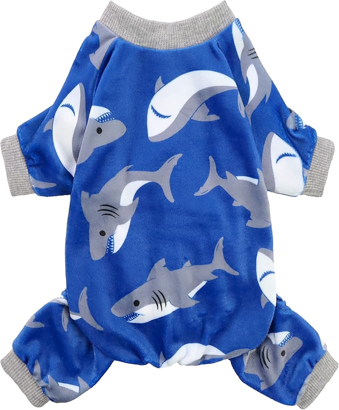 Fitwarm Shark Dog Pajamas, Dog Clothes for Small Dogs Girl Boy, Pet Onesie with Feet, Cat Outfit, Lightweight Velvet, Royal Blue, XS