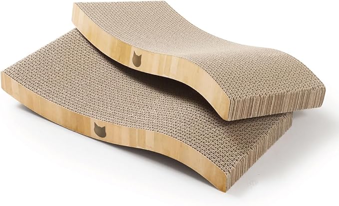 Reversible Wave Cat Scratcher for Indoor Cats - Cat Scratching Board, Horizontal Cat Scratch Pad Lounger with Reversible Usability and Extra Comfort for Lounge(2Pack, Oak)