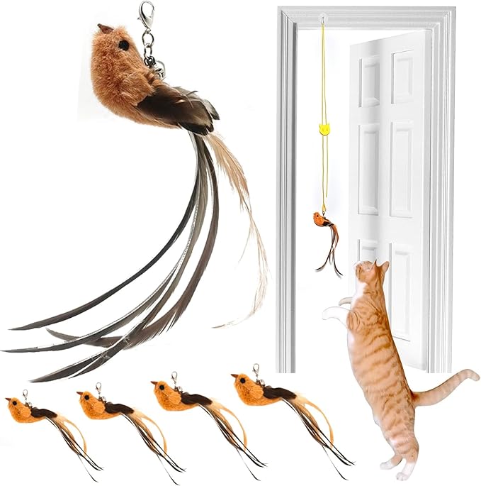 4 Bird Cat Wand Toy Refill for Indoor Cats, Interactive Birds Simulation Set,Door Hanging Feather Cat Toys String Wand Replacement Attachments