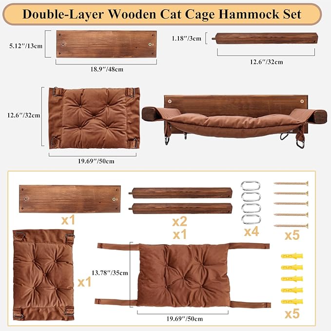 JSPYFITS Wooden Cat Wall Hammock, 18.9 x 12.6 Inch Double Layer Cat Furniture Hammock, Large Removable Multi-Function Cats Bed for Sleep/Play/Climb/Lounge Easy DIY Installation(Brown)