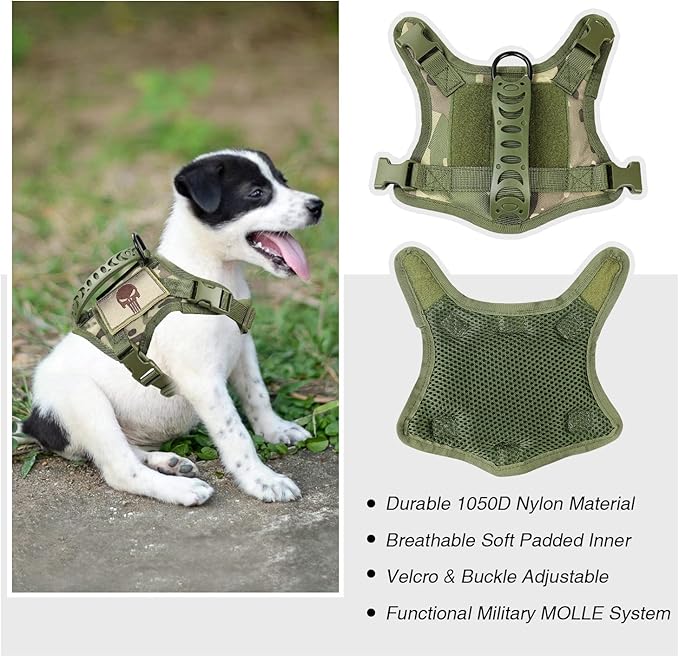 Tactical Dog Training Harness Outdoor Working Vest Adjustable Military MOLLE Dog Vest Harness with Rubber Handle (X-Small (Pack of 1), Camo)