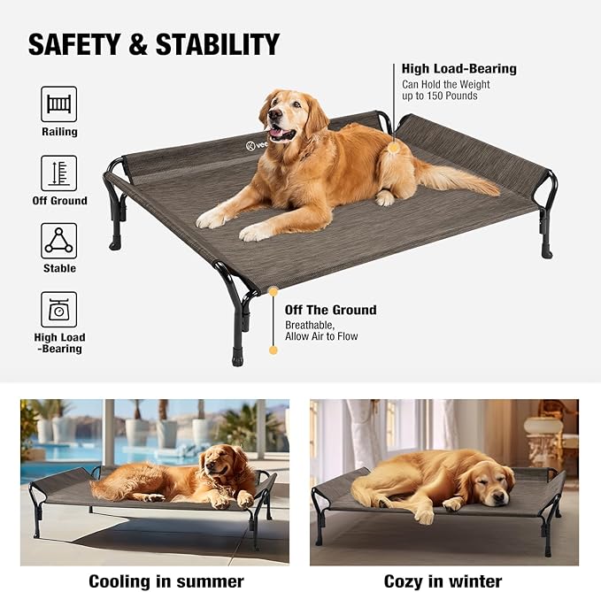 Veehoo Cooling Elevated Dog Bed, Raised Pet Cot with Guardrail & Slope Headrest, Durable Breathable Teslin Mesh, Non-Slip Feet, Washable Dog Couch Bed for Indoor & Outdoor, Large 47" x 32", Brown