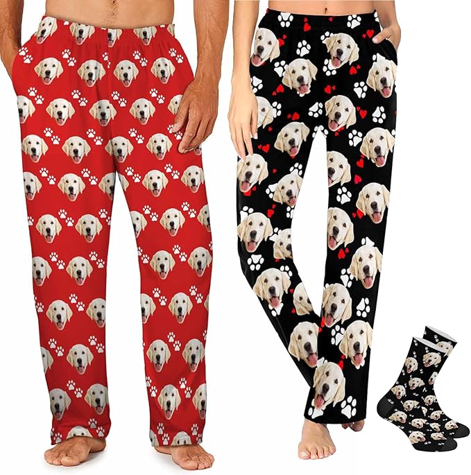 MyPupSocks Custom Pajama Pants for Pet Lover, Personalized Photo Face Printed Pajama Bottoms Sleepwear with Pockets
