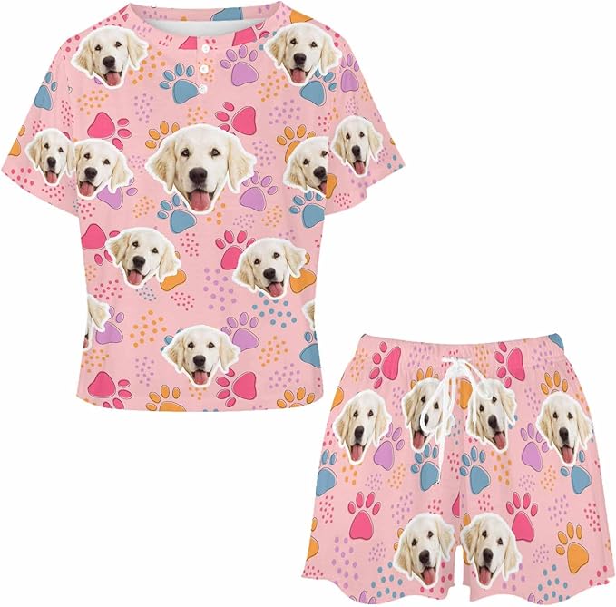 D-Story Custom Short Pajama Set with Pet Face Personalized Photo Sleepwear 2 Pieces Pjs Nightwear Xmas Gift for Women