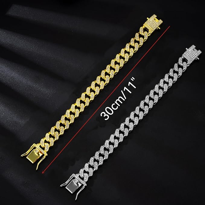 2 Pcs Diamond Cuban Link Kitten Walking Collar with Secure Buckle Pet Rhinestones Necklace Metal Chain Jewelry Accessories for Cats Dogs Kittens Puppies, Gold and Slivery (11inch)