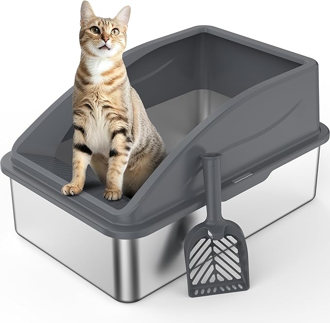 Stainless Steel Litter Box | XL Enclosed Cat Litter Boxs with Lid for Big Cats | High Sided, Anti-Urine Leakage | Non-Stick Bottom & Includes Scoop