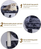 SYANDLVY Small Cat Tree for Indoor Cats, Activity Cat Tower with Scratching Post for Kittens, Cat Condo & Furniture with Basket & Hanging Ball for Play Rest