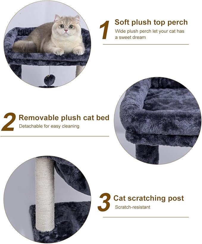 SYANDLVY Small Cat Tree for Indoor Cats, Activity Cat Tower with Scratching Post for Kittens, Cat Condo & Furniture with Basket & Hanging Ball for Play Rest