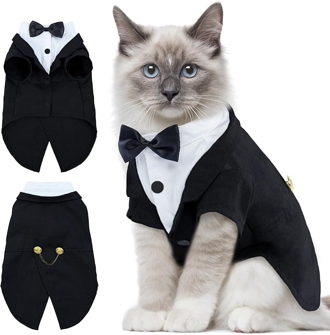 DENTRUN Cat Tuxedo Outfit, Sphynx Cat Costume Formal Suit with Bow Tie, Stylish Cat Shirt Fashion Apparel Fancy Clothes, Kitten Formal Attire Wedding Onesie Costume for Cats Only