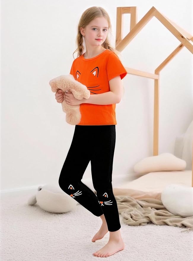 4-8T Toddler Girl Clothes Cat face print Short Sleeve Top+Pants Outfits Girl Spring and summer 2-Piece Set
