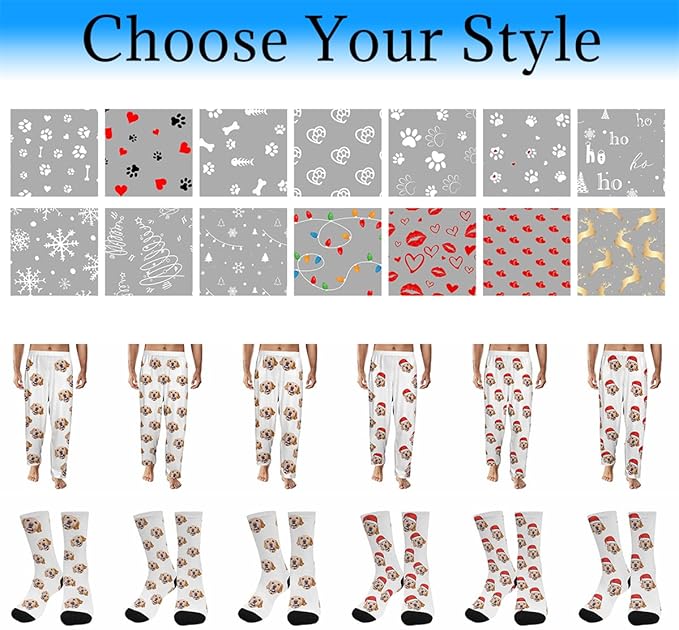 Artsadd Personalized Christmas Pajama Pants Socks for Men Custom Photo Pajama Bottoms for Men S-XXL
