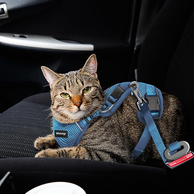Cat Harness and Leash Set for Walking Escape Proof, Improved Four Place Adjustable Cat Car Harness, Soft Kittens Vest with Reflective Strip for Cats, Comfortable Outdoor Vest, Blue, XS