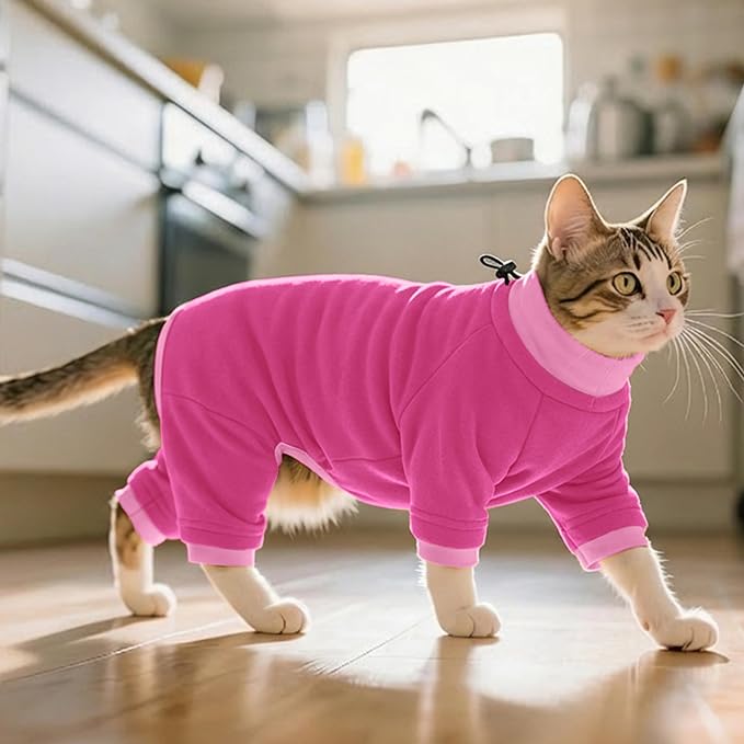 PUMYPOREITY Cat Recovery Suit, Stops Wound Licking After Surgery, Sticky Hair Shirt with Sticky Fabric, Cat Pajamas Prevents Over-Grooming, Pink, S