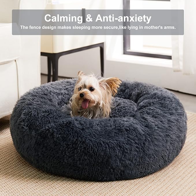 WNPETHOME Calming Dog & Cat Bed, Anti-Anxiety Donut Bed, Fluffy Faux Fur Cushion for Small Dogs and Cats (24 x 24 x 8 Inch, Navy Grey)