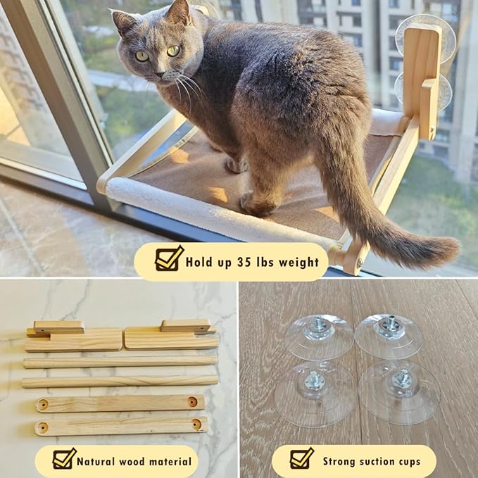 Foldable Cat Window Perch, Natural Wood, 16.5''×12'' Hammock, 35 lbs Weight Limit, Cat Window Hammock for Small Size Windows