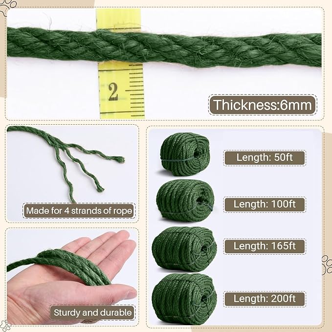 Sisal Rope for Cat Scratcher 1/4" 200 Ft Cat Tree Twine for Repairing Cat Scratching Post Replacement DIY Hemp Rope for Carpet Mat, Pet, and Crafts Gardening Home Decorating