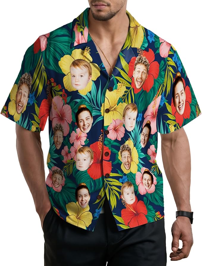 Custom Hawaiian Shirt with Face for Men, Unisex Tropical Beach Shirts Personalized Casual Funny Hawaii Button Down Shirts