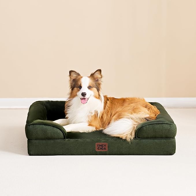 EHEYCIGA Orthopedic Dog Beds for Large Dogs, Waterproof Memory Foam Large Pet Bed with Sides, Non-Slip Bottom and Egg-Crate Foam Dog Couch Bed with Washable Removable Cover, Dark Green