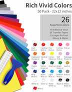 Permanent Vinyl (50Pack, 12"x12") - 40 Adhesive Vinyl (Matte & Glossy) + 10 Transfer Tapes 1 Scraper, Waterproof Outdoor for All Cutting Machine, Perfect for Home Party Decor