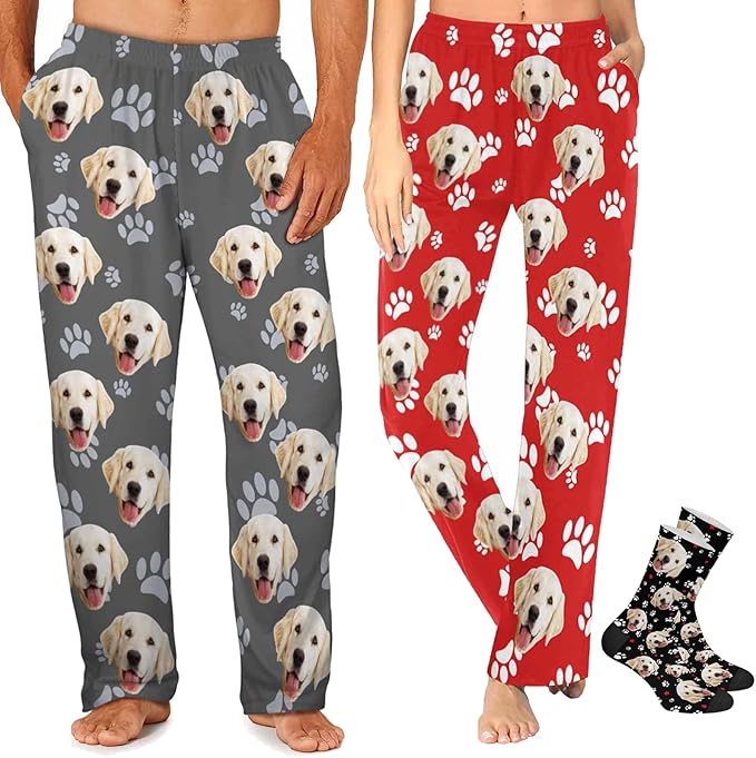 MyPupSocks Custom Pajama Pants for Pet Lover, Personalized Photo Face Printed Pajama Bottoms Sleepwear with Pockets