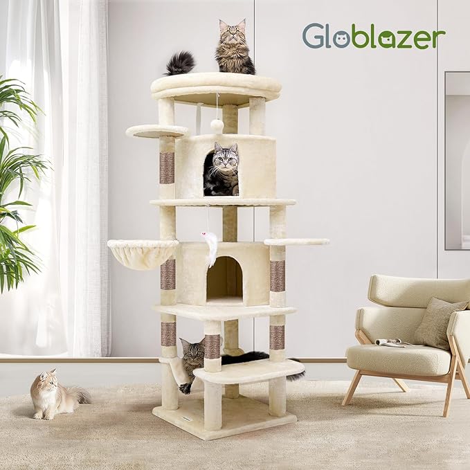 Globlazer Corner Cat Tree for Large Cats, 66inch Tall Curved Series Large Cat Tower for Multiple Indoor Cats with 6 Scratching Posts, 2 Spacious Cat Condos, Hammock, Hanging Basket, C66, Beige