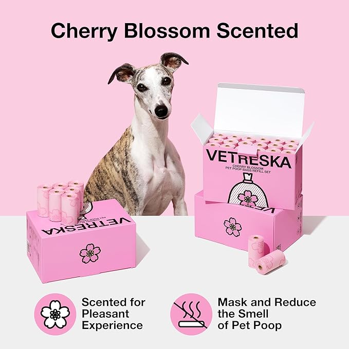 VETRESKA Cherry Blossom Scented Dog Poop Bags, Leak Proof, Extra Thick and Large Pet Waste Bags for Dogs Walking and Cat Litter, 36 Refill Rolls, 540 Poop Bags, Pink