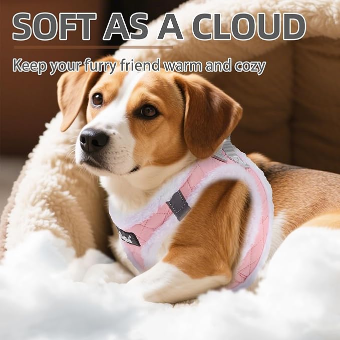 PUPTECK Plush Dog Harness and Leash Set for Small Medium Dogs No Pull Step-in Soft Mesh Puppy Cat Winter Vest Harnesses Reflective at Night Warm, Plush Pink, XS