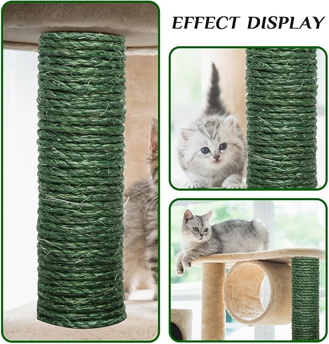 Green Sisal Rope 1/4 Inch by 98-Feet for Cat Scratching Post Tree Tower Replacement Repair and Replace, DIY Hemp Twine Rope for Kittens Shelves Furniture Window Bed Perch House Climbing, 6mm by 30m