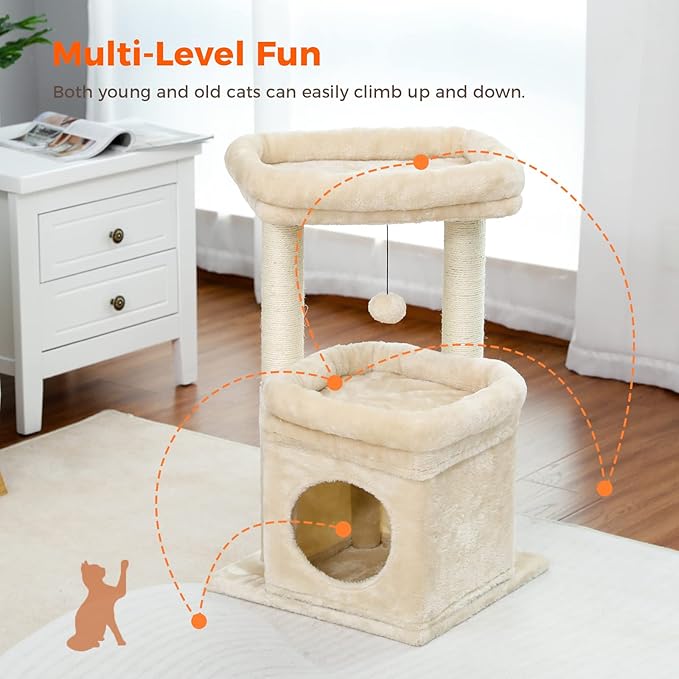 PEQULTI Cat Tree Cat Tower for Indoor Cats with Private Cozy Cat Condo, Natural Sisal Scratching Posts and Plush Pom-pom for Small Cats,Beige